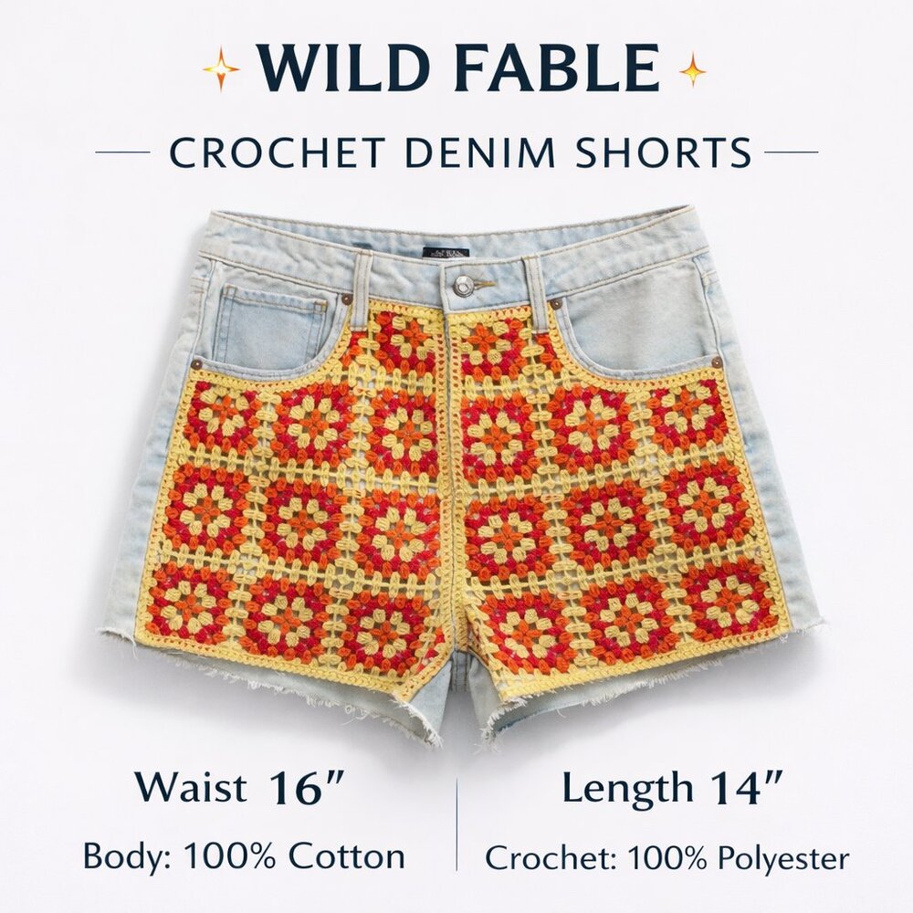 Wild Fable Crochet Denim Shorts Women’s Boho Granny Square Festival Size 10 - Picture 1 of 9